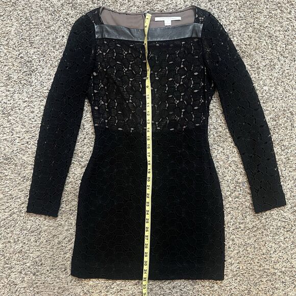 Diane Von Furstenberg Mini Dress Size 4 Black Sarita Pebble Lace Leather Trim - Picture 2 of 6